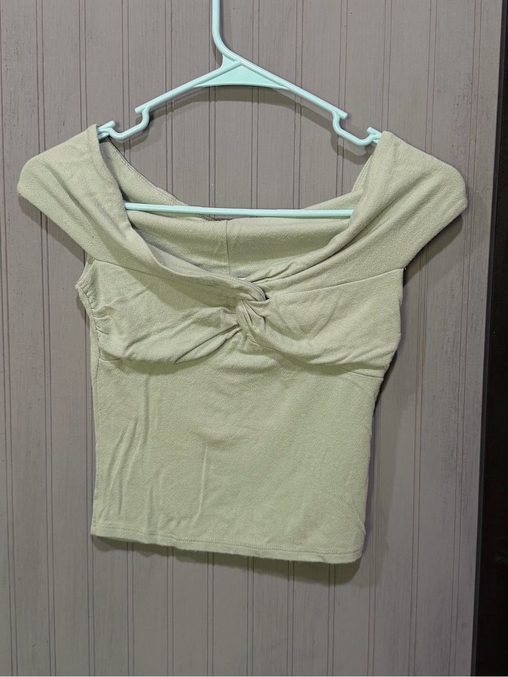 Twist-Front Off-Shoulder Crop Top in Pale Green